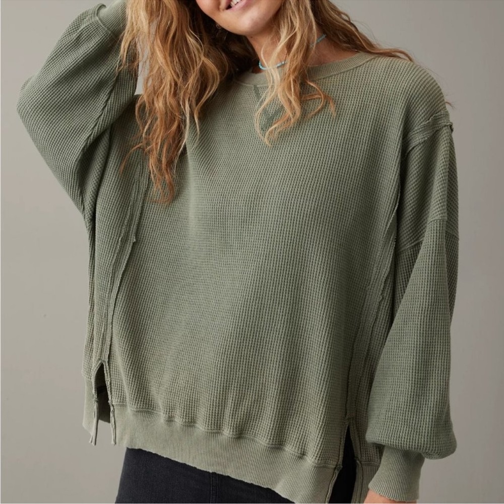 NWT AE Outfitters Oversized Big Hug Waffle Sweatshirt-Olive